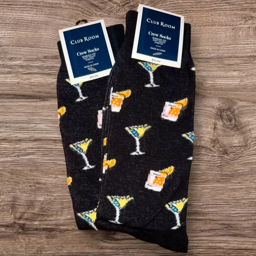 Club Room 2 pairs Men's Crew Socks – Black Cocktail Drink Print – One‎ Size